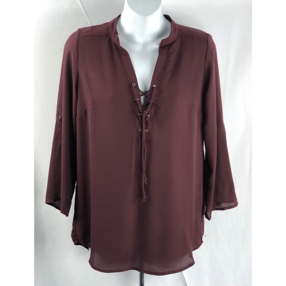 NWT American dream Chiffon top S burgundy LaceUp V-neck 3/4 RollTab sleeve Boho